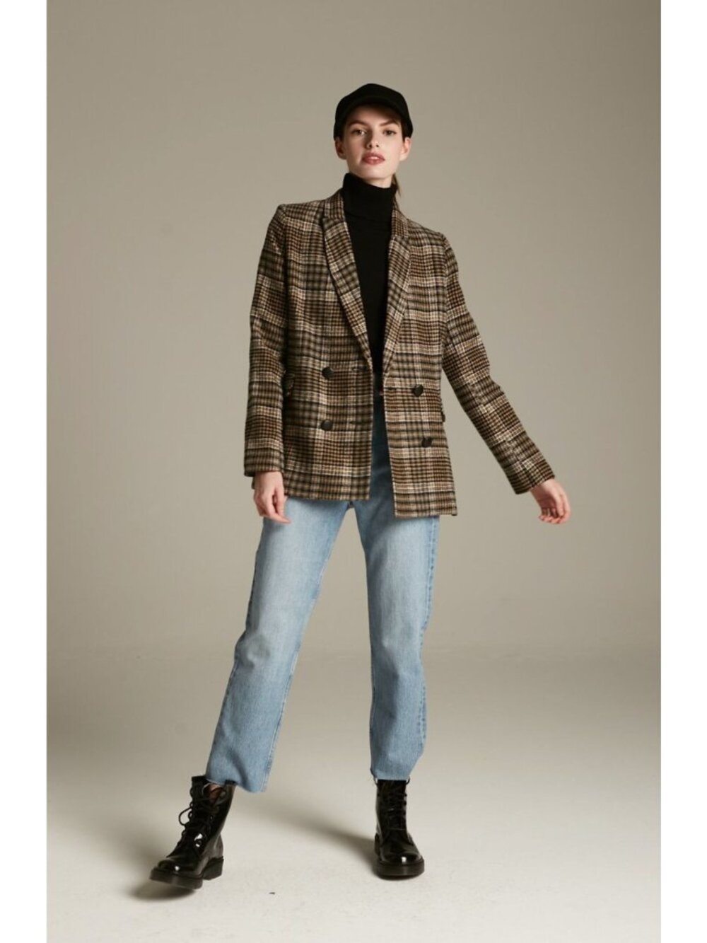 Deluc Maverick Blazer Plaid Oversized Preppy Coat Brown tan Black Large